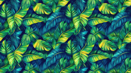 Seamless pattern of vibrant banana palm leaves in watercolor style perfect for tropical themed designs