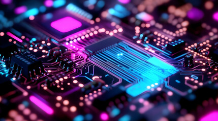 Obraz premium A detailed view of a purple and blue illuminated circuit board with intricate pathways and components, symbolizing cutting-edge electronic systems.