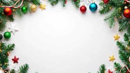 Christmas background with decorations along the edges. Christmas tree branches, gold glitter balls, stars, and garland. Flat lay, top view on a dark background with copy space.