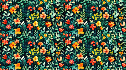 Colorful seamless pattern of watercolor flowers and leaves perfect for fabric design and home decor
