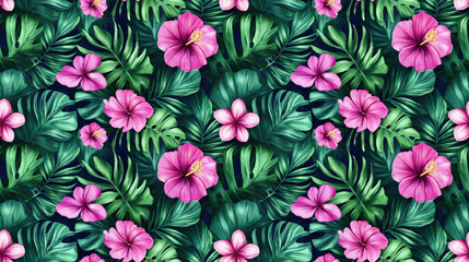 Vibrant tropical watercolor leaves and flowers creating a seamless pattern ideal for fabric and wallpaper design