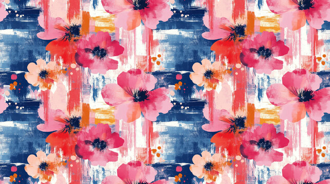 Vibrant abstract floral seamless pattern featuring washed digital watercolor stripes and boho camouflage strokes ideal for textile designs surface prints and home decor