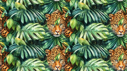 Obraz premium Watercolor seamless pattern featuring a leopard amidst lush rainforest palms and leaves ideal for tropical fashion prints exotic design