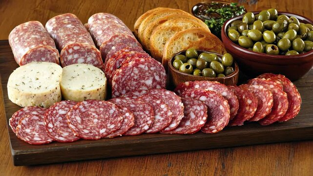 A wooden serving board holds sliced salami, cheese, olives, and bread, ready for an afternoon snack
