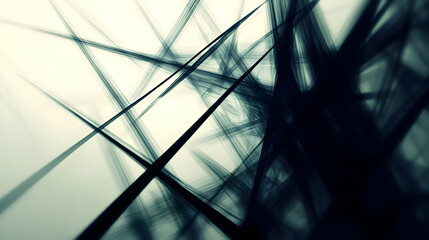A dynamic black and white abstract featuring intersecting translucent lines, creating a sense of depth and movement.