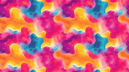 Seamless pattern featuring abstract retro pop art hand lettering with vibrant tie dye and batik watercolor shapes for digital designs