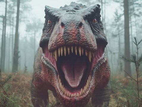 A large, intimidating dinosaur with an open mouth stands in a misty forest setting, capturing a cinematic and ominous mood. - Powered by Adobe