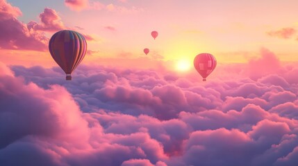 Four hot air balloons float above a sea of pink and orange clouds, with a setting sun in the background.