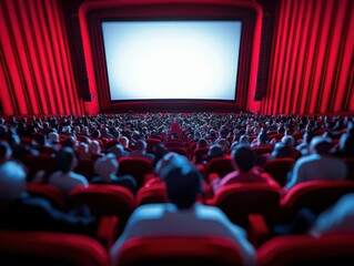 A large audience is seated in a theater watching a movie on a wide white screen. Red seats and curtains dominate the scene, creating an immersive experience.