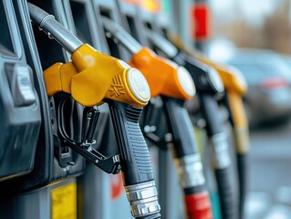 Close-up of colorful fuel pump nozzles at a gas station, showcasing the details in bright lighting and urban background.