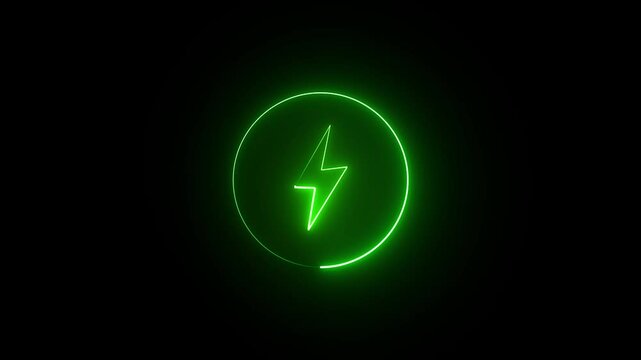 green neon  battery charging power icon animation on black background.