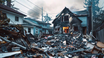 Burnt residential house with visible flames inside, surrounded by debris and damaged property in a suburban neighborhood.