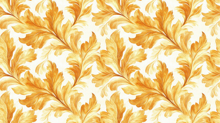 Seamless watercolor pattern featuring stylized golden acanthus leaves ideal for textile design and home decor