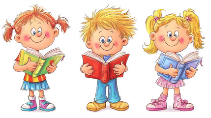 Three Cheerful Cartoon Children Are Reading Books in Their Hands Generative AI