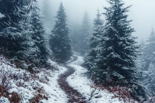 Misty mountain forest with tall pine trees covered in snow, a narrow path winding through the wintry landscape