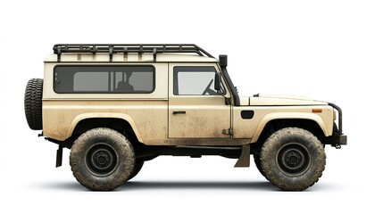 Dirty off-road SUV in side view on white background