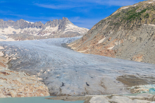 The Rhone Glacier, the source of the Rhone River at Furka Pass in the Swiss Alps in canton of Valais, Switzerland