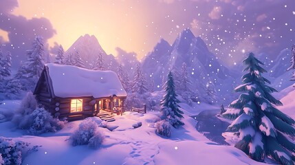 Snowy mountain landscape with a cozy cabin