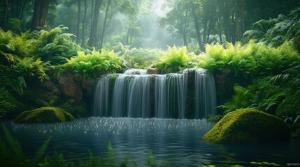 Misty waterfall cascading over mossy rocks into a calm pool, with lush greenery surrounding