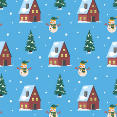 Decorative winter pattern featuring snowmen and cozy houses surrounded by pine trees