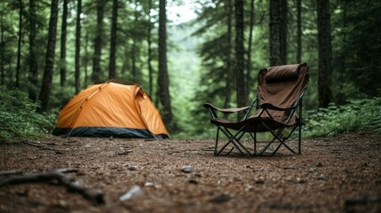 Woodland scene displaying an orange tent accompanied by a solitary camping chair amidst lush greenery, under the calming green canopy of tall trees.