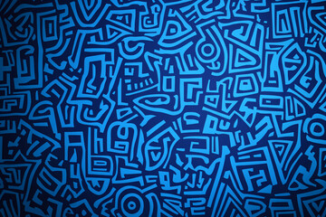 A blue and dark blue abstract pattern with lines, squares, and circles arranged in a repeating design