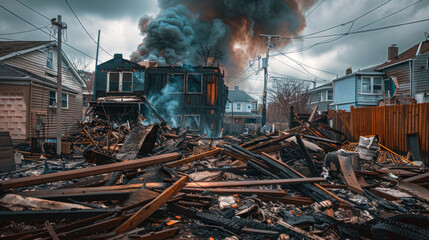 Burnt home with heavy smoke in a residential area, showing extensive structural damage and debris.