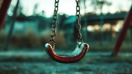 A close-up of an old swing with worn red paint suspended by chains in a desolate playground, capturing a haunting sense of abandonment and forgotten childhood memories.