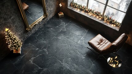 Naklejka premium A dark stone floor with matte finish, paired with a leather lounge chair, brass-framed mirror, and Christmas lights on the windowsill.