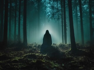 A dark, eerie forest scene with a mysterious figure cloaked in black, surrounded by tall trees and illuminated by an ethereal glow.