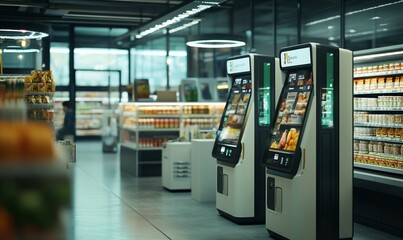 Modern, sleek interior of a convenience store with a focus on self-service technology, showcasing automated vending machines and a minimalist design.
