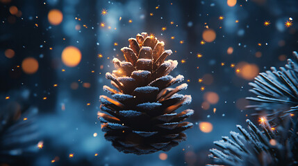 Snow-Covered Pinecone Floating in the Air, Surrounded by Tiny, Glowing Fireflies Against a Winter Night 