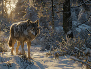 Apennine Wolf, prowling through a snowy forest, its fur blending with the winter landscape, eyes sharp and attentive, a sense of quiet tension in the air, cinematic style, Compositing Core, 8k, detail