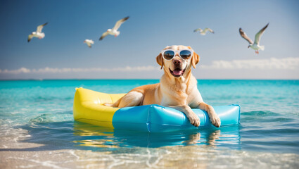 A happy dog relaxing on a colorful float in the clear blue ocean on a sunny beach day with seagulls flying overhead