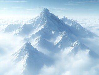 Majestic snow-capped mountain peaks rise above a sea of clouds, creating a serene and ethereal landscape. The light blue and white tones enhance the tranquil atmosphere.