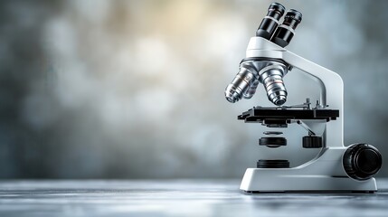 A microscope stands ready in a scientific environment, its surrounding bokeh background offering a soft, peaceful tone, ideal for research and educational purposes.