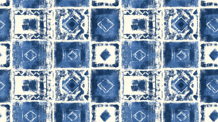 Artistic blue and white seamless pattern featuring native batik design hand drawn tribal squares in ethnic boho style