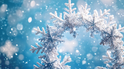 Snowflakes Floating Through the Air, Forming a Glowing Wreath Against a Frosty Blue Background 