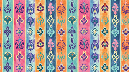 Colorful seamless pattern featuring cartoon ethnic Moroccan designs with tie dye stripes and vintage pastel elements perfect for textile and home decor applications