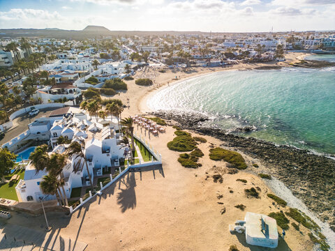 Aerial drone view of Corralejo, Fuerteventura, Canary Islands, Spain