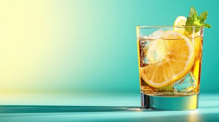 A delicious glass containing iced lemon drink with garnish of mint and lemon slices, set against a bright teal backdrop, capturing the feel of a summer day.