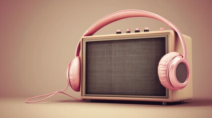 Obraz premium Retro loudspeaker with vintage pink headphones.