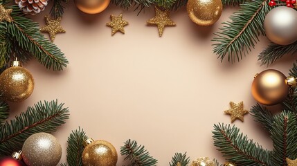 Christmas background with decorations along the edges. Christmas tree branches, gold glitter balls, stars, and garland. Flat lay, top view on a dark background with copy space.