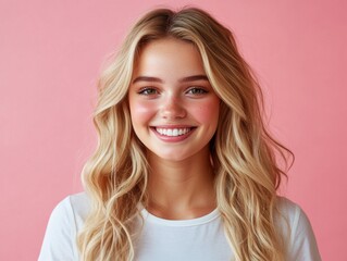 Naklejka premium A young woman with long, blonde hair smiles warmly against a soft pink background, radiating a cheerful and positive vibe.