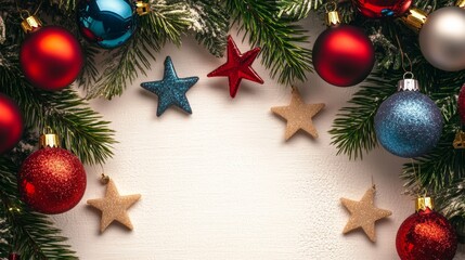 Christmas background with decorations along the edges. Christmas tree branches, gold glitter balls, stars, and garland. Flat lay, top view on a dark background with copy space.