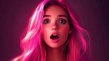Fototapeta premium A young woman with pink hair and blue eyes looks surprised.