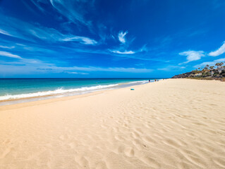 Aerial drone view of Costa Calma beach during the sunset,Fuerteventura, Canary Islands