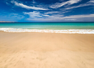 Aerial drone view of Costa Calma beach during the sunset,Fuerteventura, Canary Islands