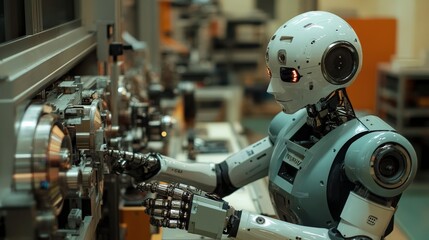 Fototapeta premium Humanoid Robot Operating in Industrial Environment