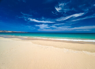 Aerial drone view of Costa Calma beach during the sunset,Fuerteventura, Canary Islands